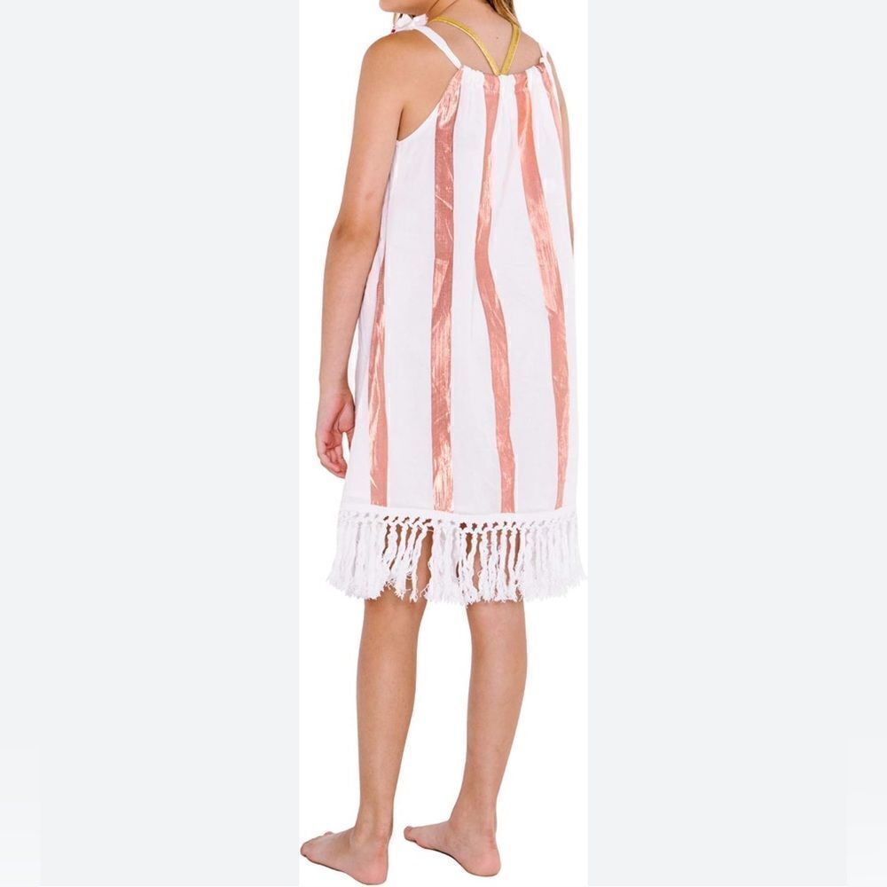 Masala boho fringe metallic copper striped sundress lagenlook swimsuit cover 4-8